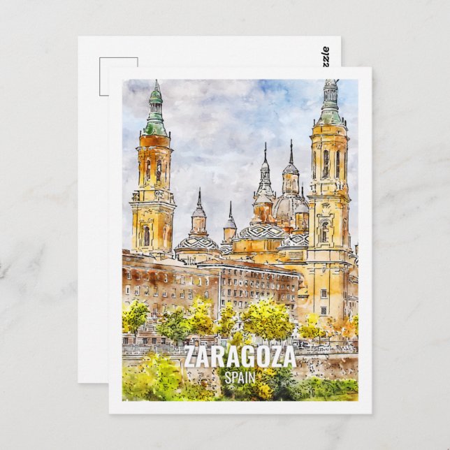 Cartão Postal Saragoça Espanha Lugar de Viagem Famoso Aquarela (Frente/Verso)