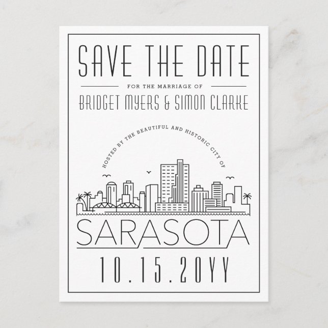 Cartão Postal Sarasota Wedding | Skyline Estilizado Salvar a Dat (Frente)