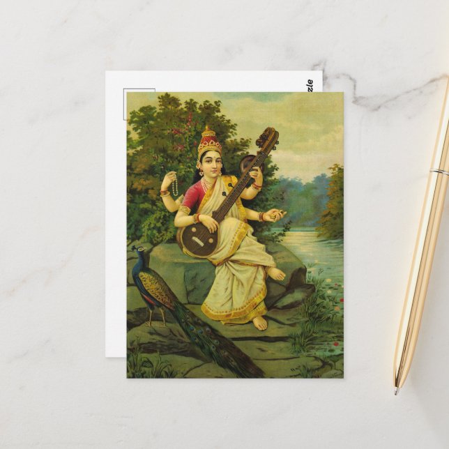 Cartão Postal Saraswati, Deusa da Música por Raja Ravi Varma (Frente/Verso In Situ)