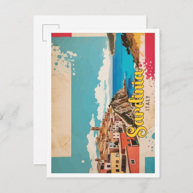 Cartão Postal Sardenha Itália Ilustração de Viagem Pop Art (Frente/Verso)
