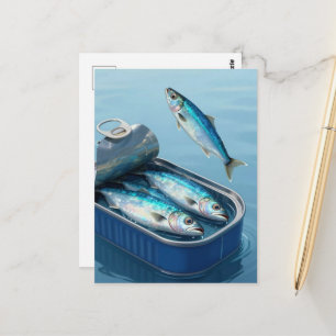 Cartão Postal Sardinhas Surreais Saltando da Lata