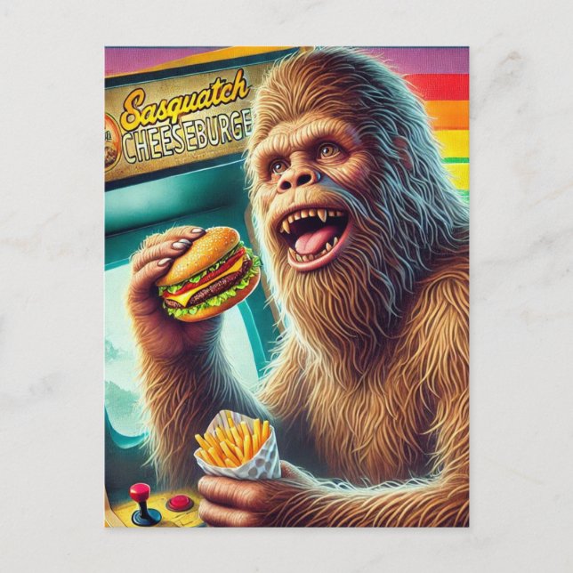 Cartão Postal Sasquatch Cheeseburger e Fries - Arcade Retroativa (Frente)