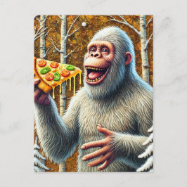 Cartão Postal Sasquatch e Pizza em uma Floresta Birch