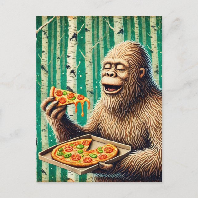 Cartão Postal Sasquatch e Pizza em uma Floresta de Árvore Birch (Frente)