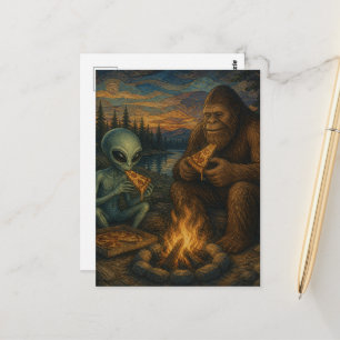 Cartão Postal Sasquatch e um Alien Comendo Pizza na Fogueira