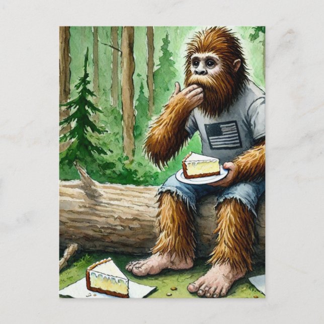 Cartão Postal Sasquatch na floresta mossita com cheesecake delic (Frente)