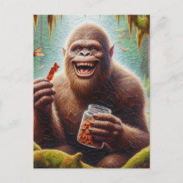 Cartão Postal Sasquatch na floresta mossita com frasco achado de