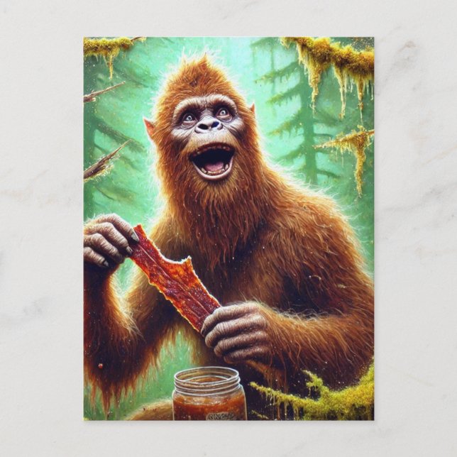 Cartão Postal Sasquatch na floresta mossita com um boião de carn (Frente)