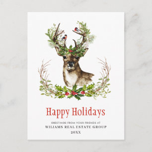 Cartão Postal Saudação corporativa do Natal Wreath Deer Holiday