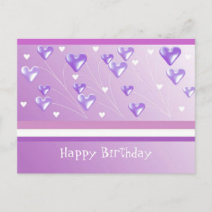 Cartão Postal Saudação de Aniversário Corações Roxos Flutuantes