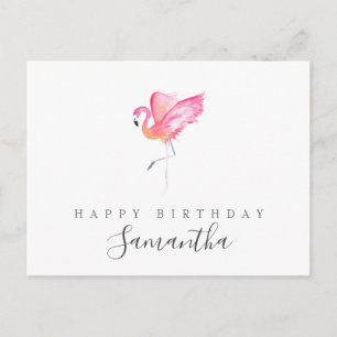 Cartão Postal Saudação de Aniversário Flamingo em Aquarela