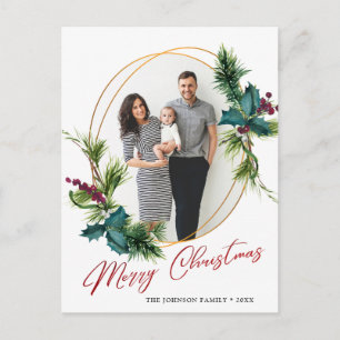 Cartão Postal Saudação de Foto de Frame Holly Pine, Natal elegan