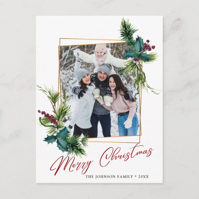 Cartão Postal Saudação de Foto de Frame Holly Pine, Natal elegan (Frente)