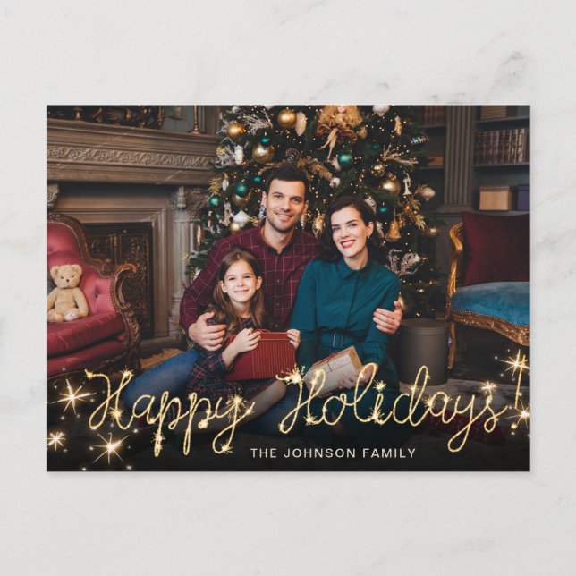 Cartão Postal Saudação de FOTO do Script Sparkle Dourado do feli (Frente)