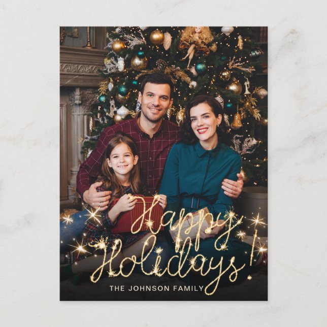 Cartão Postal Saudação de FOTO do Script Sparkle Dourado do feli (Frente)