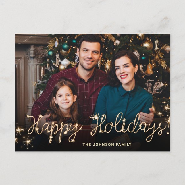 Cartão Postal Saudação de FOTO do Script Sparkle Dourado do feli (Frente)