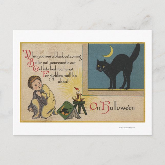 Cartão Postal Saudação de Halloween Gato Preto (Frente)