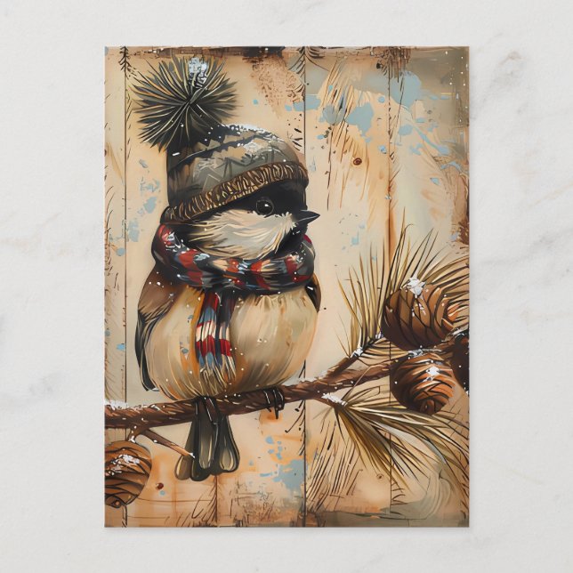 Cartão Postal Saudação de Natal Festivo com Pássaro Bonitinho (Frente)