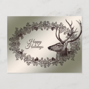 Cartão Postal Saudação de Natal Floral Rena Dourada de Inverno