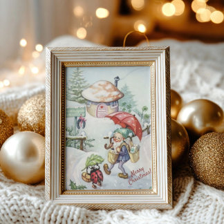 Cartão Postal Saudação de Natal Gnome Retro Vintage & Joaninha