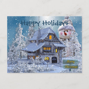 Cartão Postal Saudação de Natal Homem de Neve de Inverno Azul Rú