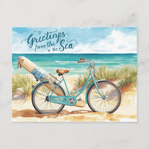Cartão Postal Saudação de surfista do mar com prancha e biciclet