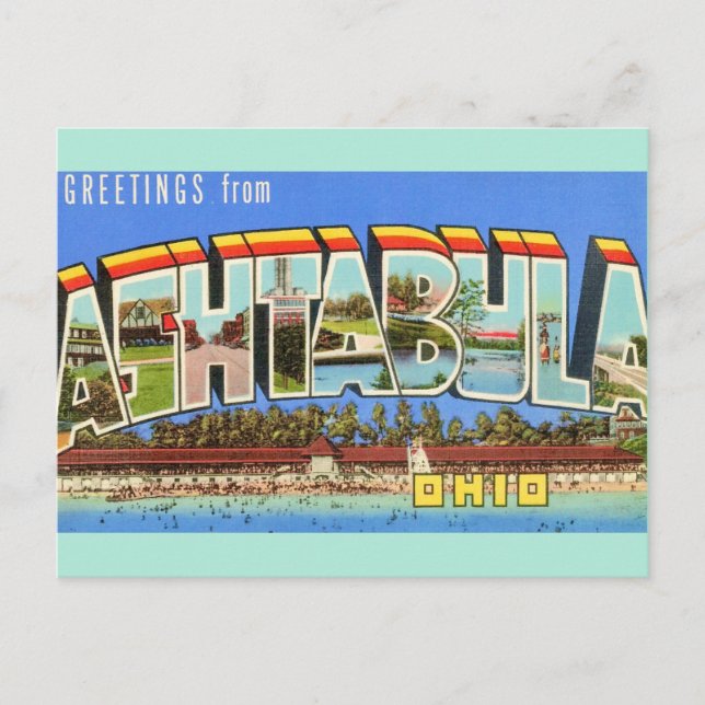 Cartão Postal Saudação Retro Ashtabula Ohio  (Frente)