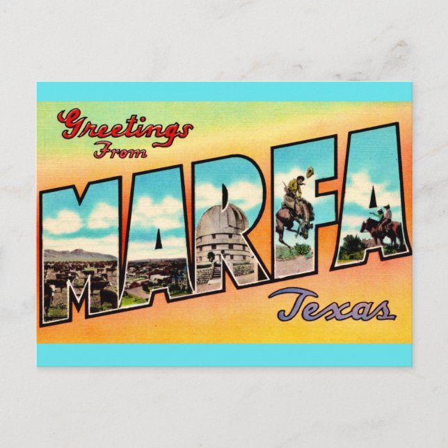 Cartão Postal Saudação Retro Marfa Texas (Frente)