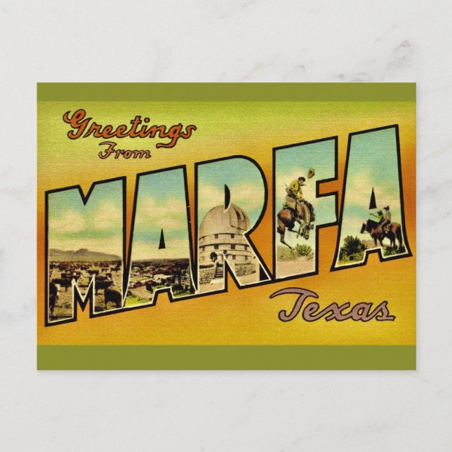 Cartão Postal Saudação Retro Marfa Texas (Frente)