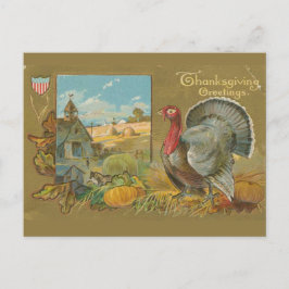 Cartão Postal Saudação vintage de Ação de Graças peru e fazenda