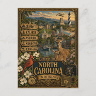 Cartão Postal Saudações da Carolina do Norte Arte Retro Vintag