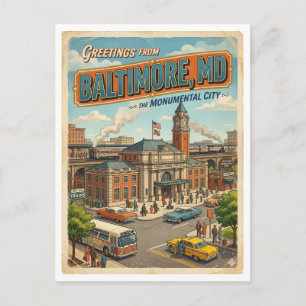 Cartão Postal Saudações da Estação de Trem de Baltimore MD Retro