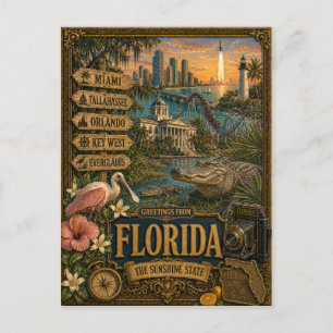 Cartão Postal Saudações da Flórida   Arte Retro Vintage