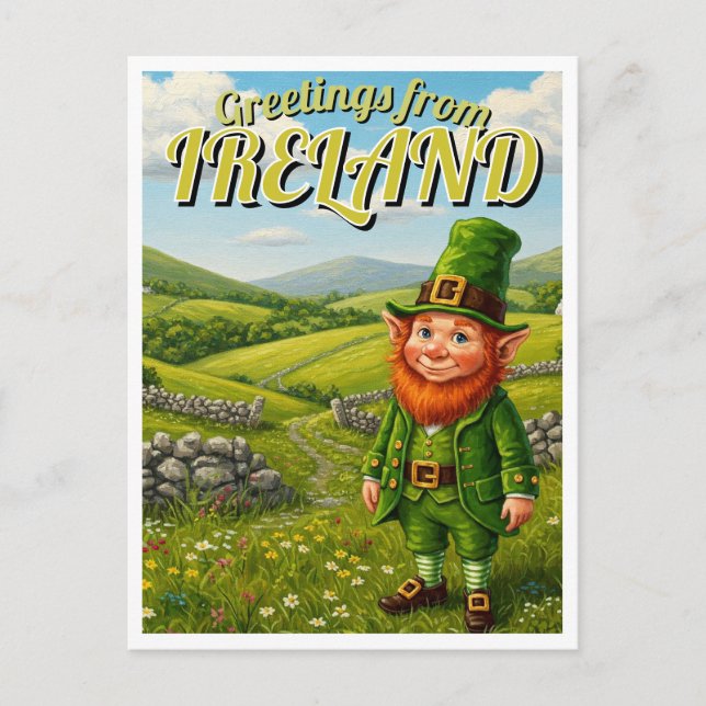 Cartão Postal Saudações da Irlanda Leprechaun (Frente)