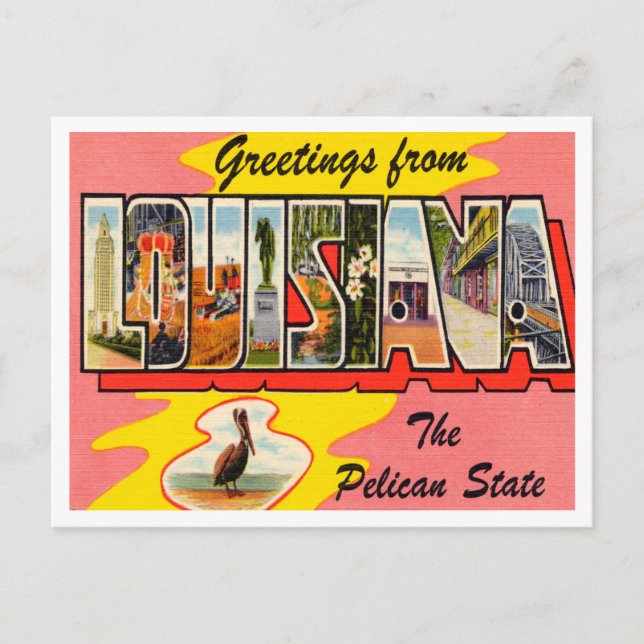 Cartão Postal Saudações da Louisiana, a Viagem do Estado Pelican (Frente)