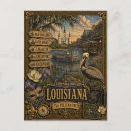 Cartão Postal Saudações da Louisiana | Arte Retro Vintage
