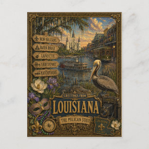Cartão Postal Saudações da Louisiana Arte Retro Vintage