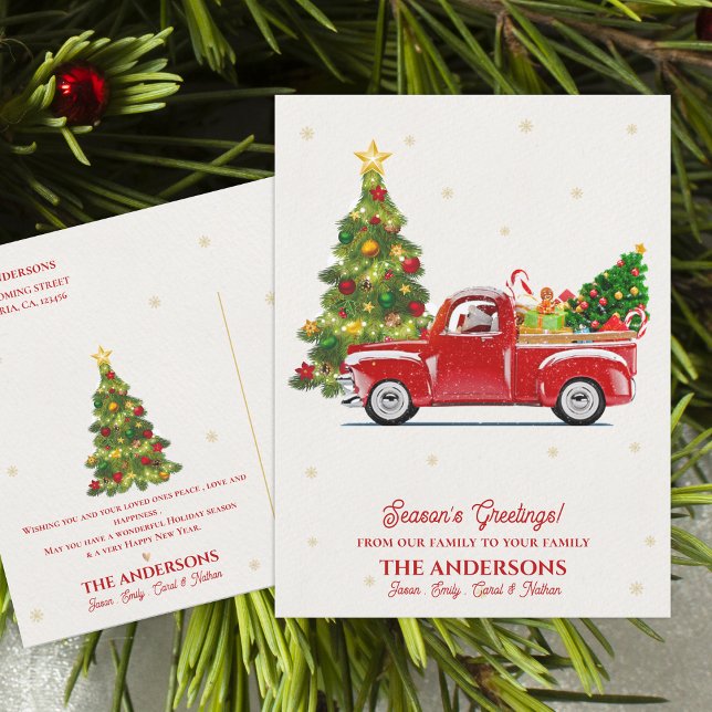 Cartão Postal Saudações da Pedra de Natal Rustic Red Truck (Rustic Red Truck Christmas Tree Season’s Greetings Postcard)