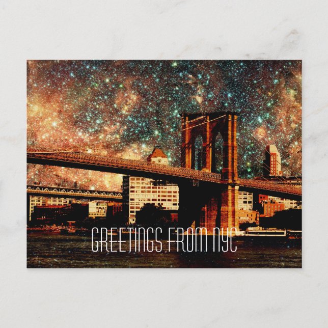 Cartão Postal Saudações da Ponte Brooklyn Starry Night NYC (Frente)