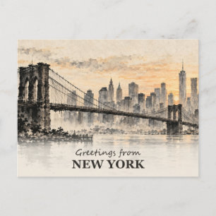 Cartão Postal Saudações da Ponte de Brooklyn em Nova York Tinta