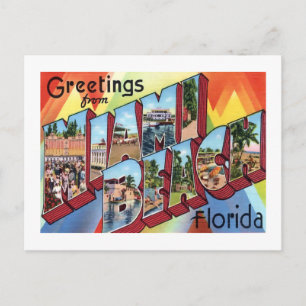 Cartão Postal Saudações da Praia de Miami Letra Grande Vintage