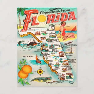 Cartão Postal Saudações da Viagens vintage do Mapa da Flórida