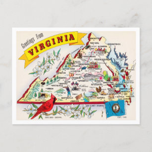 Cartão Postal Saudações da Viagens vintage do Mapa da Virgínia