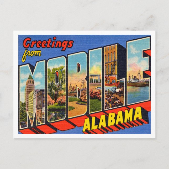 Cartão Postal Saudações da Viagens vintage Mobile, Alabama (Frente)