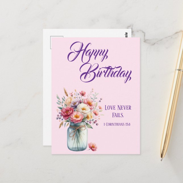 Cartão Postal Saudações de Aniversário Cristãs O Amor Nunca Falh (Frente/Verso In Situ)