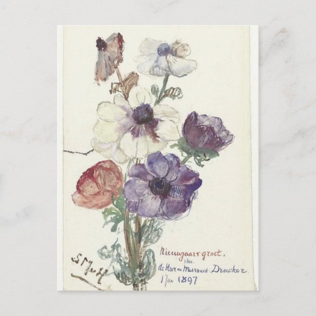 Cartão Postal Saudações de Ano Novo com Anêmonas por Houten (Frente)