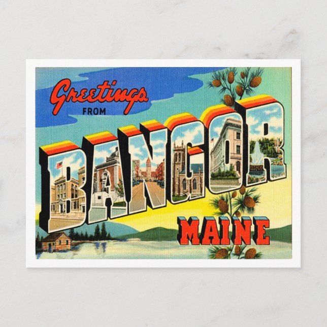 Cartão Postal Saudações de Bangor, Maine Viagem Antiga (Frente)