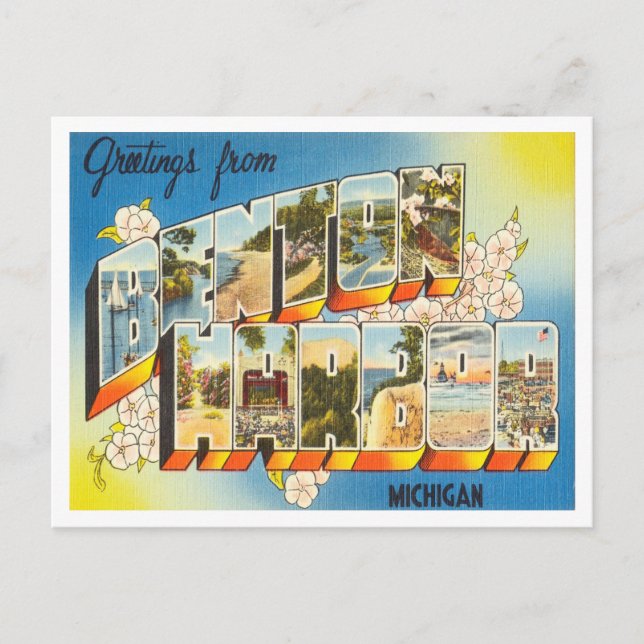 Cartão Postal Saudações de Benton Harbor, Viagem do Michigan (Frente)