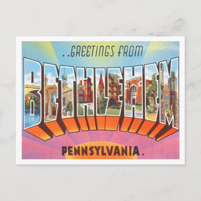 Cartão Postal Saudações de Bethlehem, Pennsylvania Viagem (Frente)