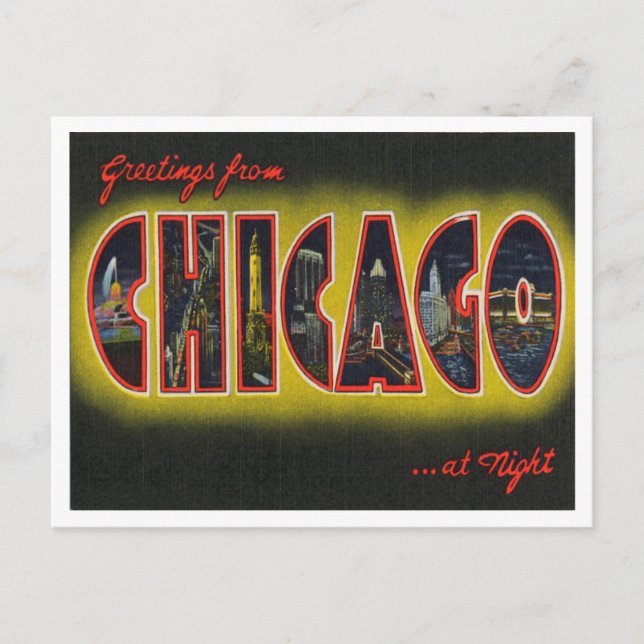 Cartão Postal Saudações de Chicago à noite, Illinois (Frente)